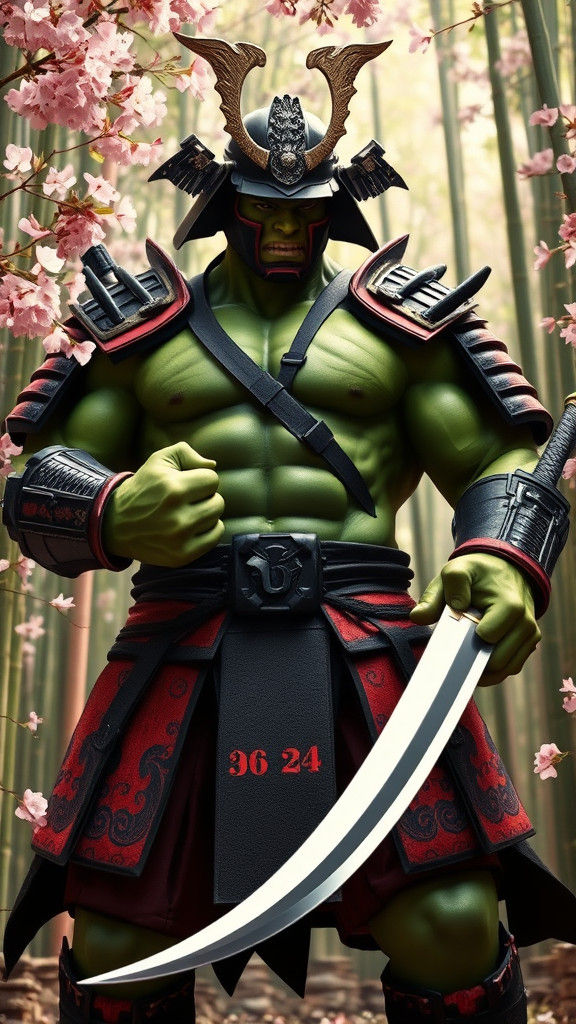 Hulk as Samurai Warrior in Bamboo Forest