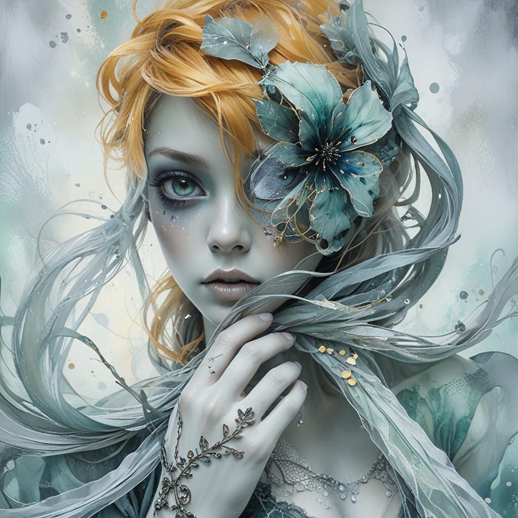 Whimsical Fairy Woman in Dreamlike Alcohol-Ink Painting