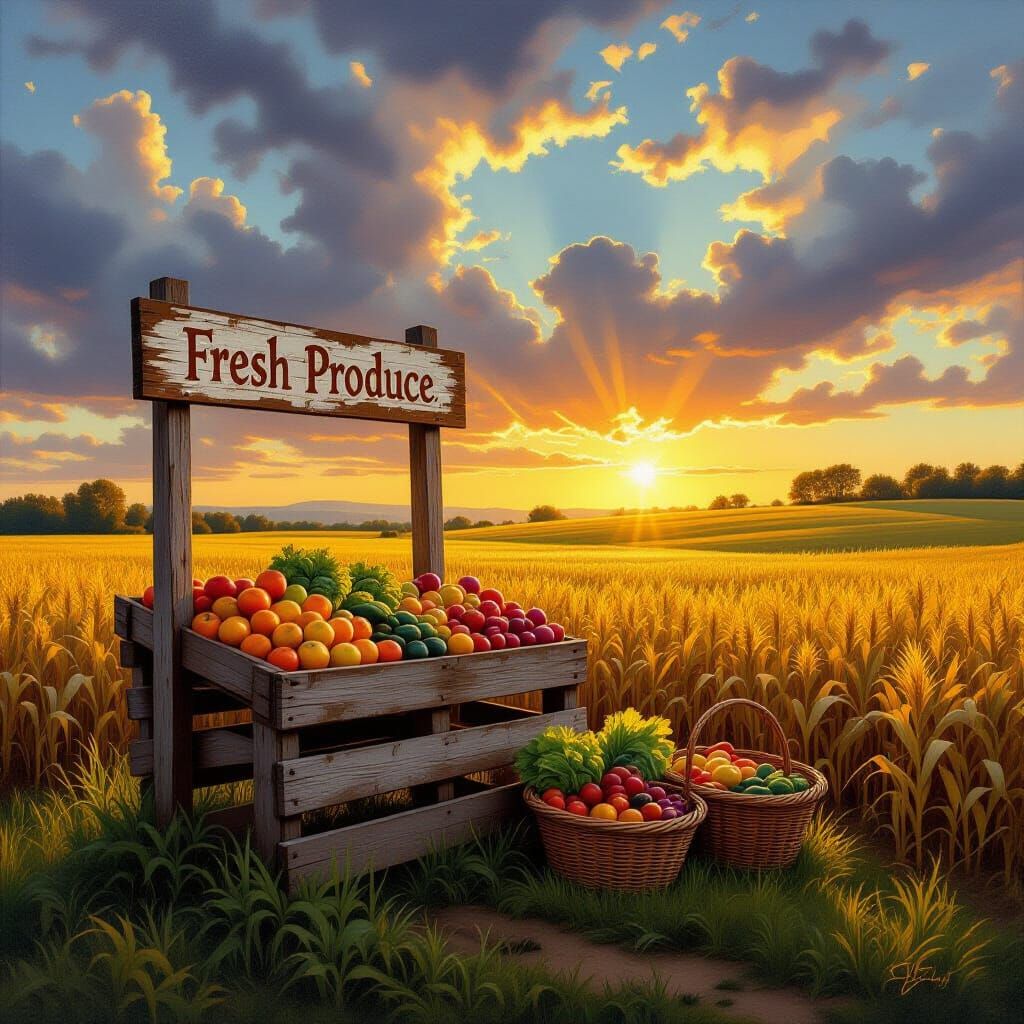 Rustic Farmstand at Sunset, Hyperrealistic Oil Painting