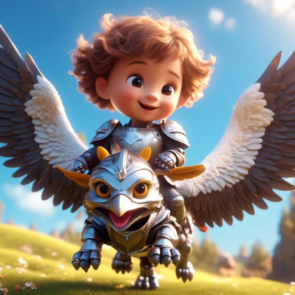 Chibi Knight on Griffin in Cartoon CGI Style