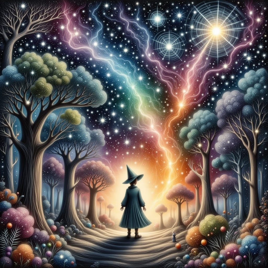 Mystical Wizard Among Glowing Trees Under Stars