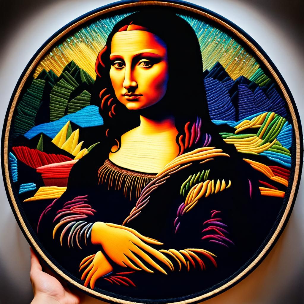 Glowing Stitches: Unraveling the Luminescent Majesty of Leonardo da Vinci's Mona Lisa in Embroidery