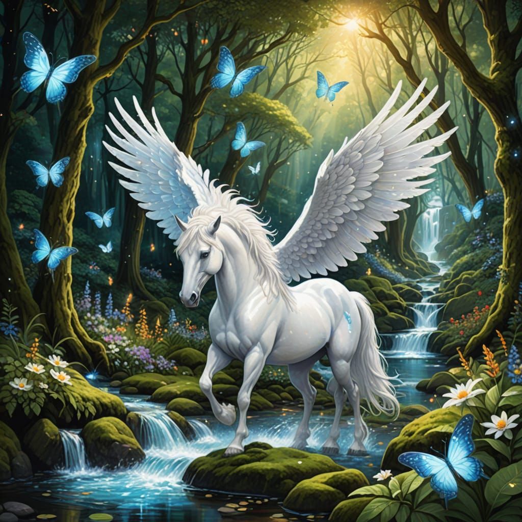 Majestic White Pegasus Drinks From Glowing Forest Stream