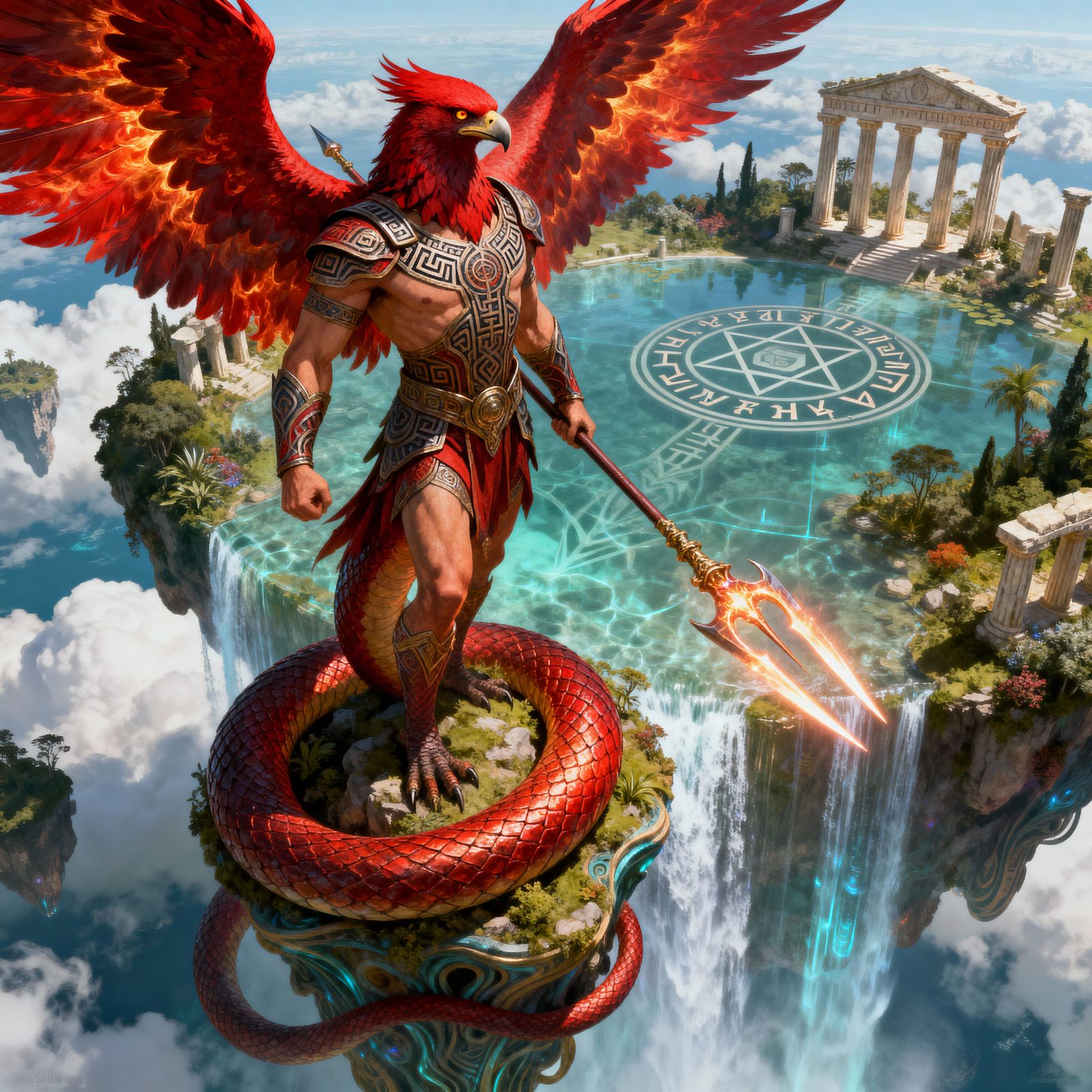 Divine Red Falcon-Man Hybrid Wields Glowing Spear