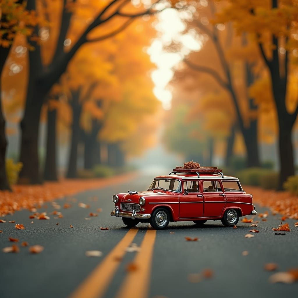 Toy Car on Autumn Street with Bokeh