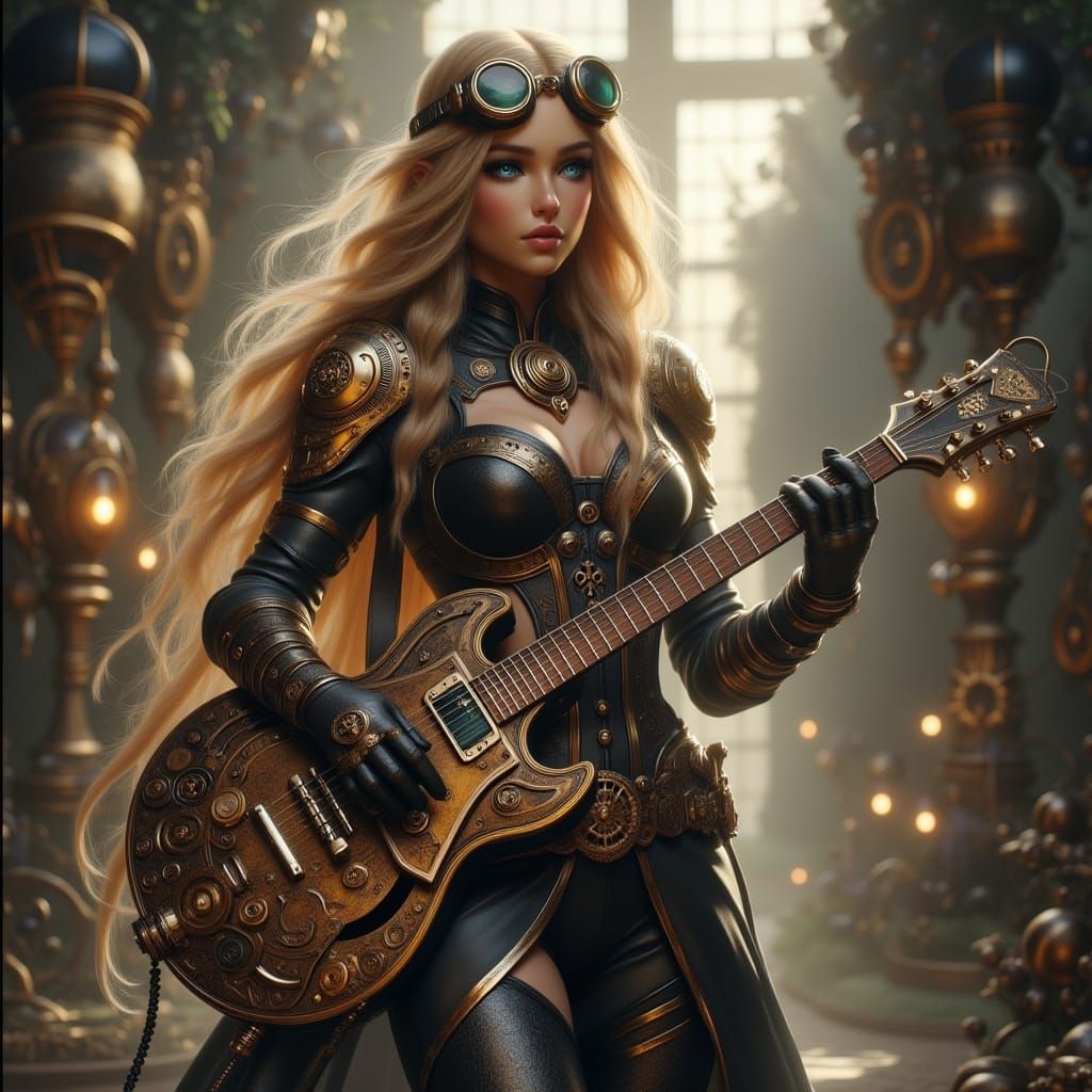 Steampunk Elf Bard in Obsidian Armor