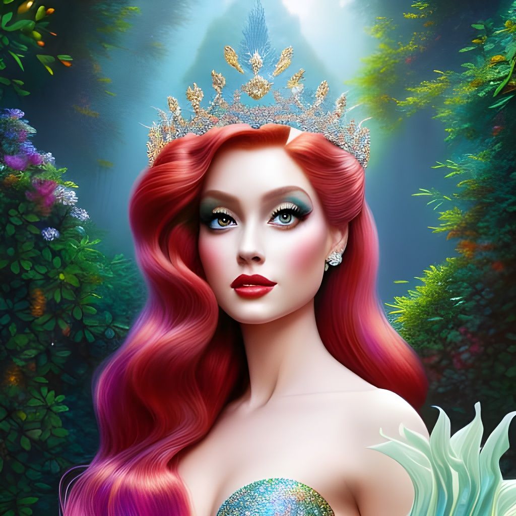 Queen Ariel in Hologram Dress, Hyperrealistic Art Nouveau