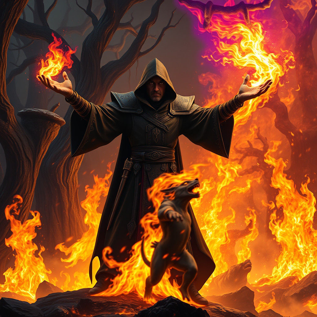 Dark Mage Unleashes Fire Spell in Fantasy Landscape