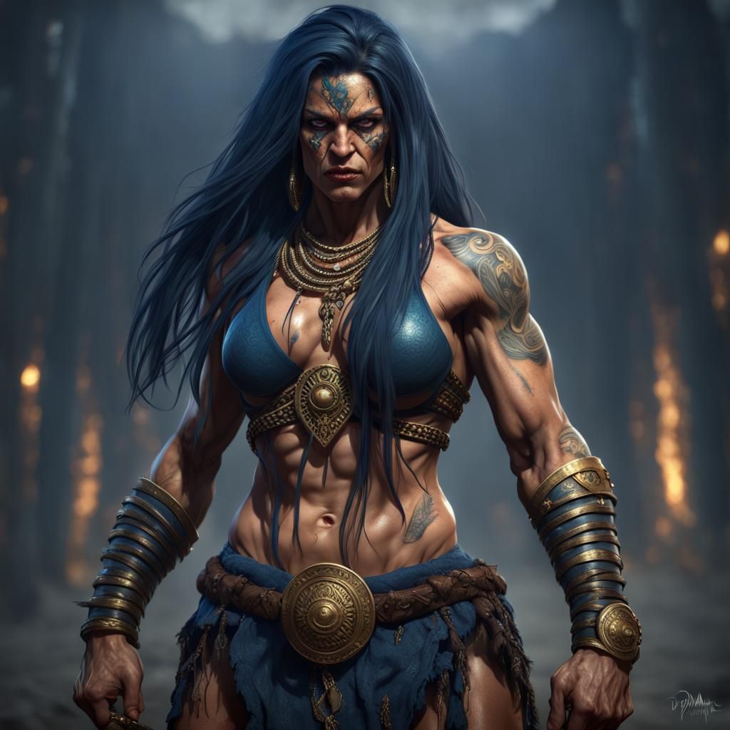 Powerful Barbarian Woman with Tribal Tattoos, Dark Fantasy A...