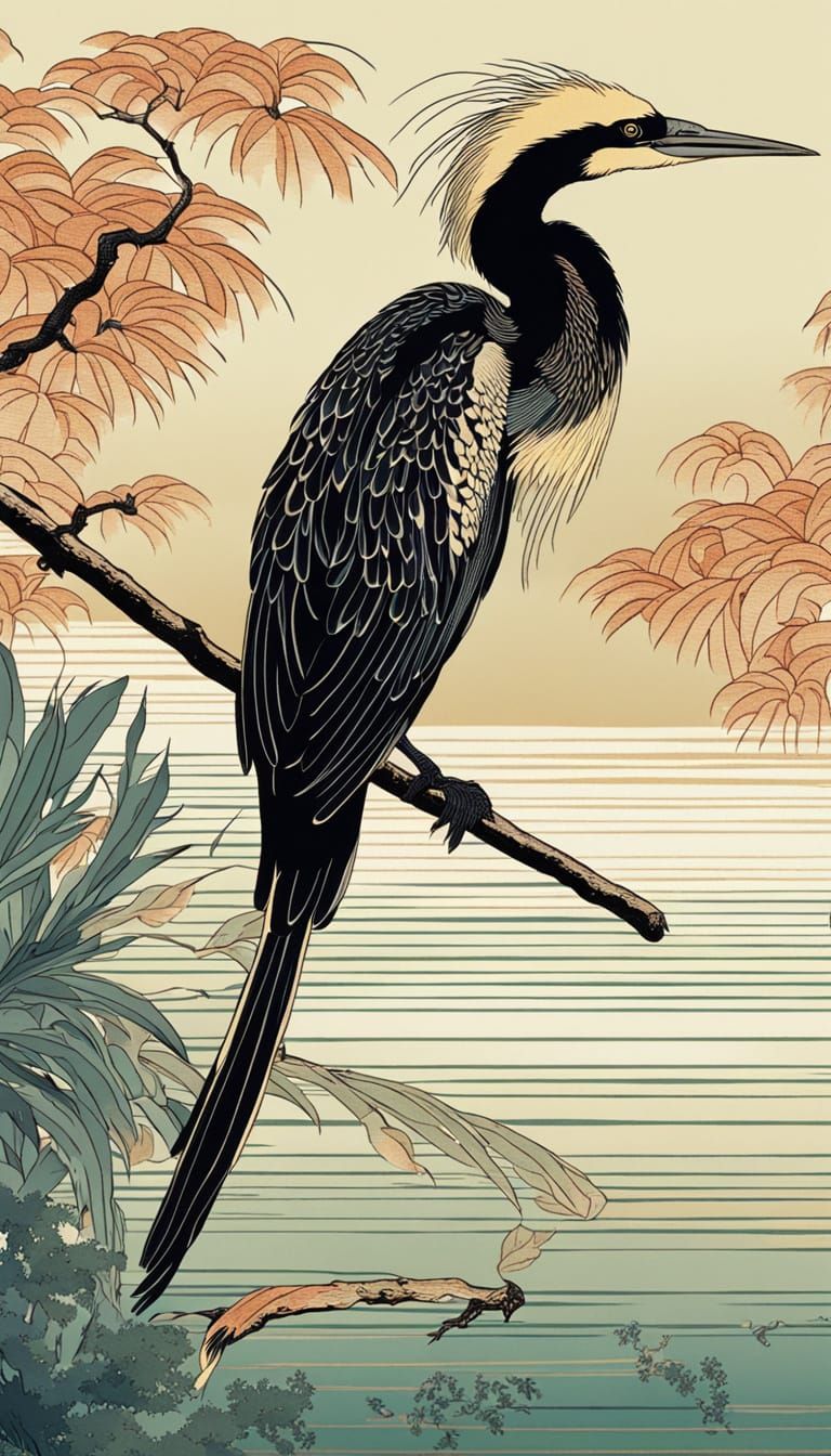 Anhinga Bird in Japanese Woodblock Style