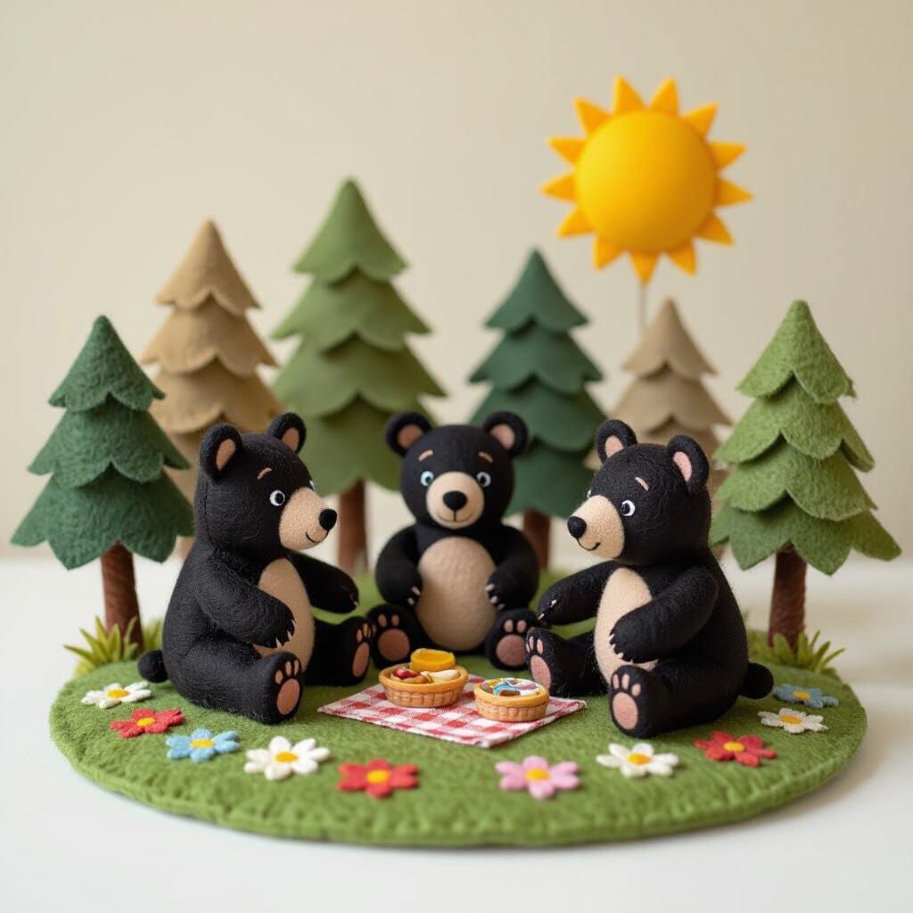 Felt Black Bear Family Picnic Inspired by Children's Illustr...