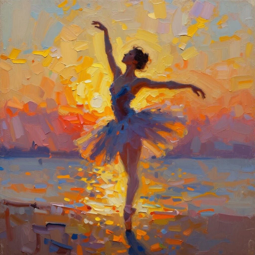 Ballerina Silhouette in Vibrant Impasto Oil Painting Style