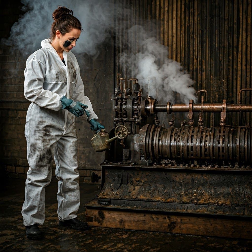 Steampunk Mechanic at Work with Oil Can and Rusted Gears
