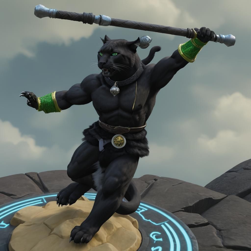 Hyper-Muscular Panther Tabaxi Monk with Bell Collar