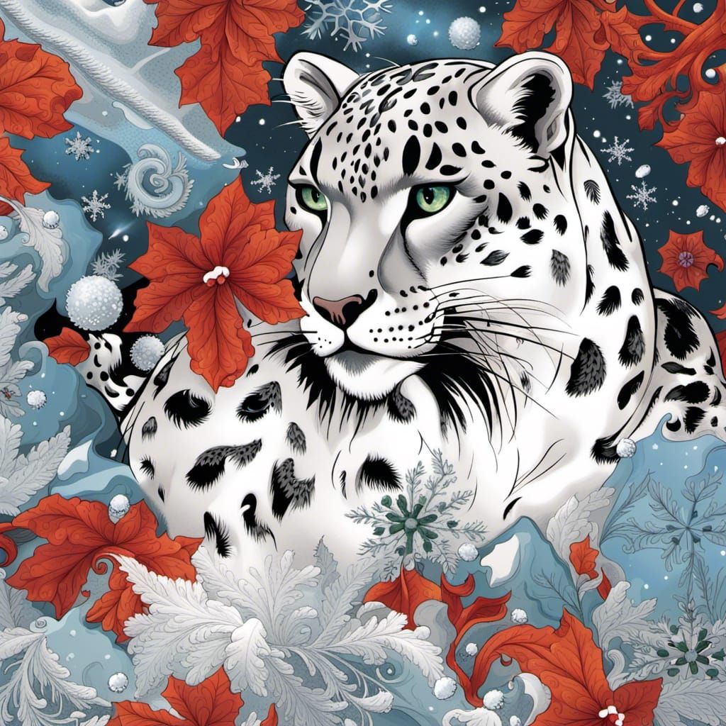 Snow Leopard in Ice Flower Illustration