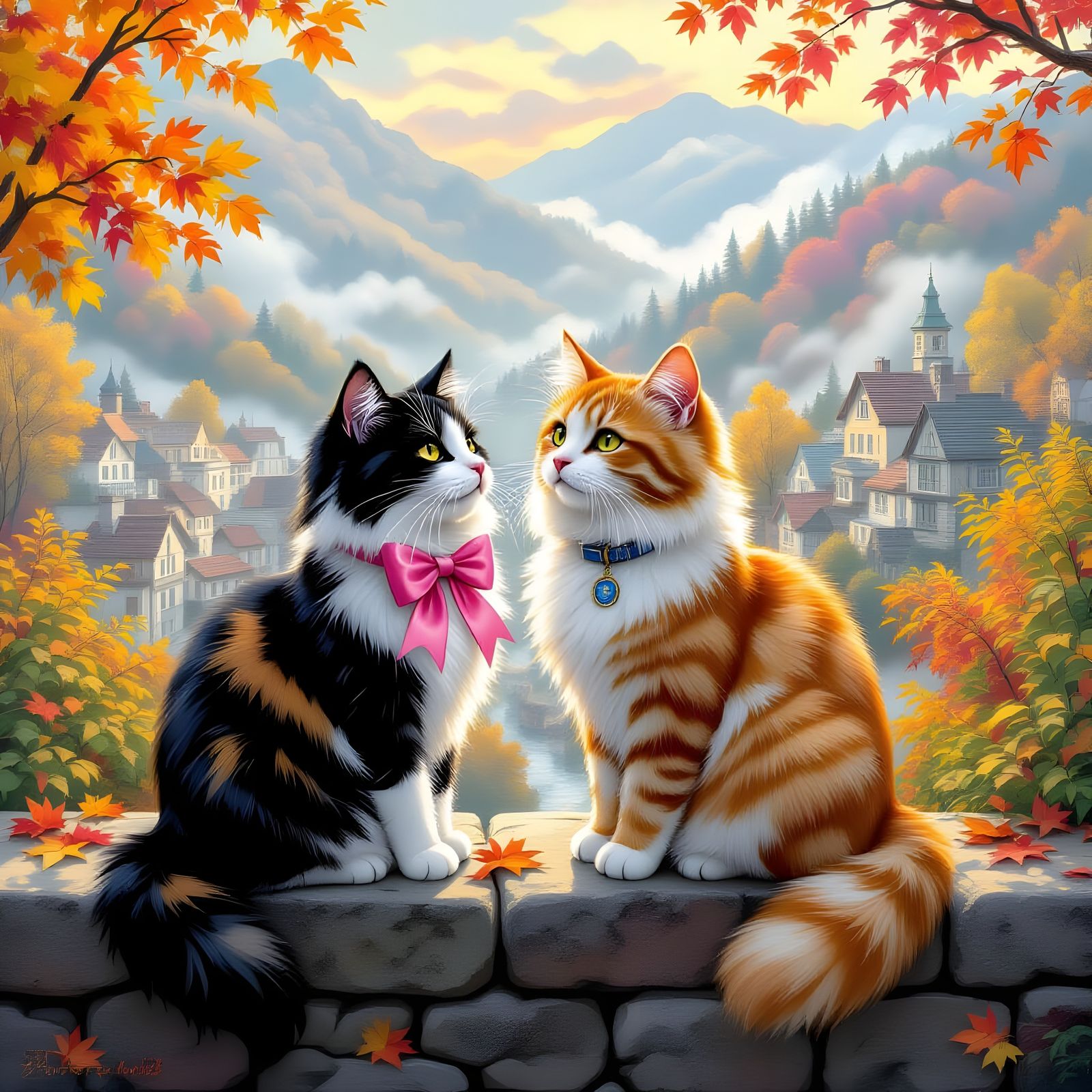 Calico and Tabby Cats Overlooking Autumn Valley