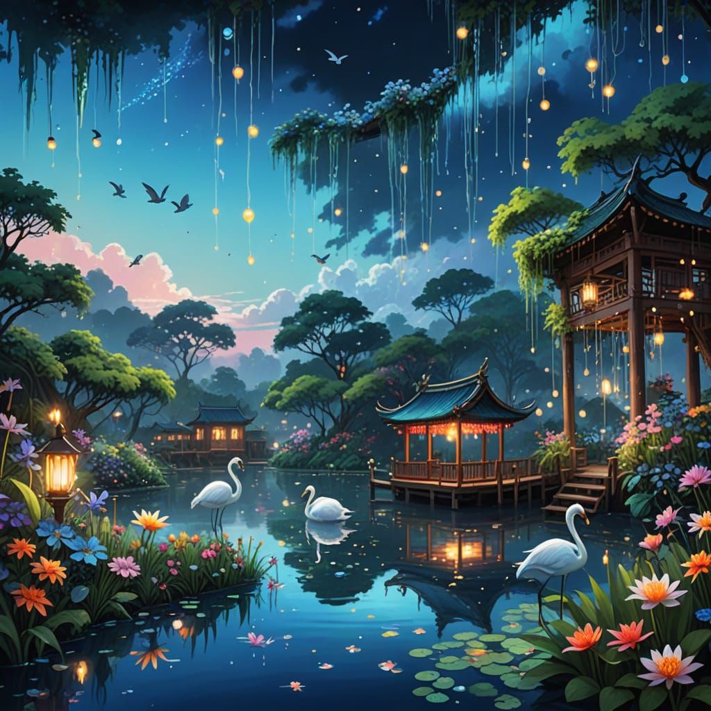 Magical Secret Garden with Waterfalls in Anime Realism