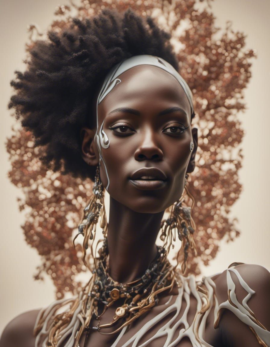 <lora:8k Vray HD CGI:1.0> <lora:LapiFuturism:1.0> Bald black woman <lora:OutsideTheBox:1.0> organic primitive photoreali...