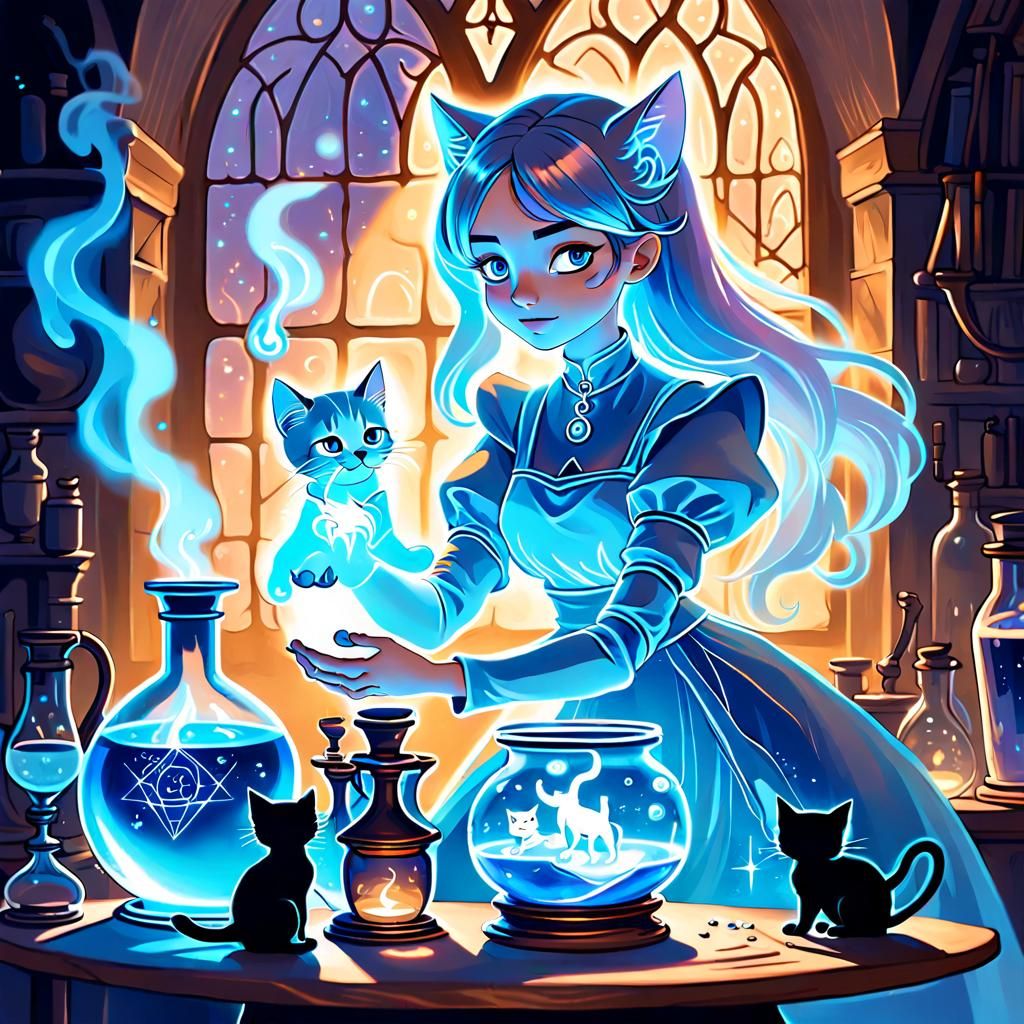 Alchemist Girl with Magical Kitten in Fantasy Art