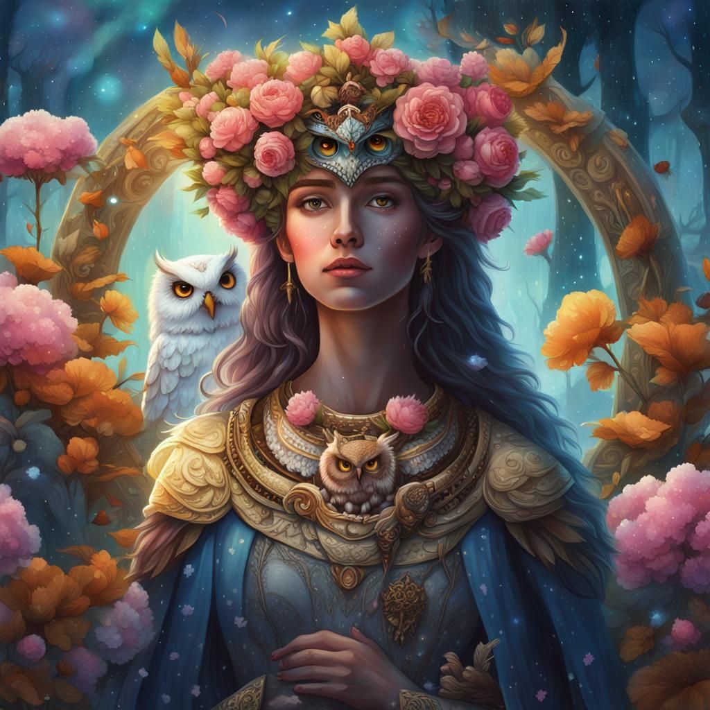 Goddess with Owl and Crown in Forest