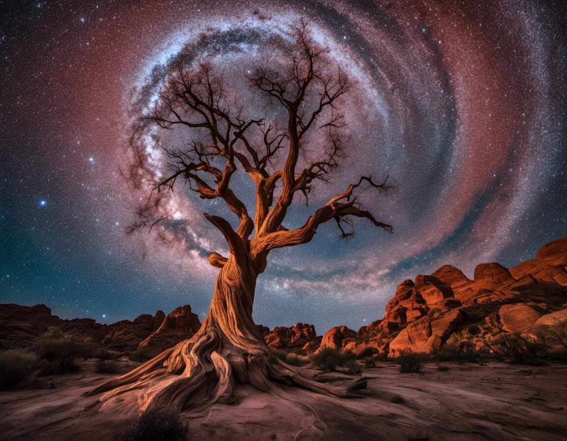 Starlit Red Rock Canyon with Isolated Tree