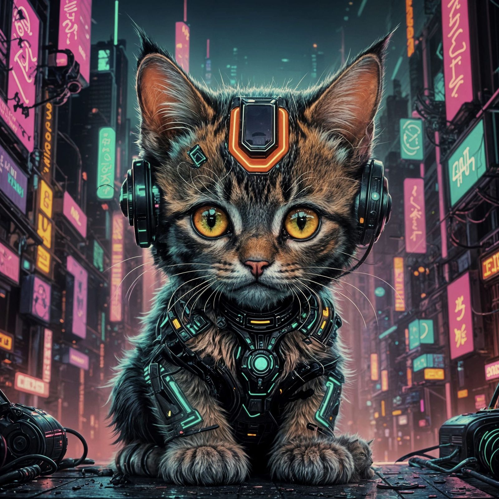 Cyberpunk Kitten: Neon-Lit Animal Illustration
