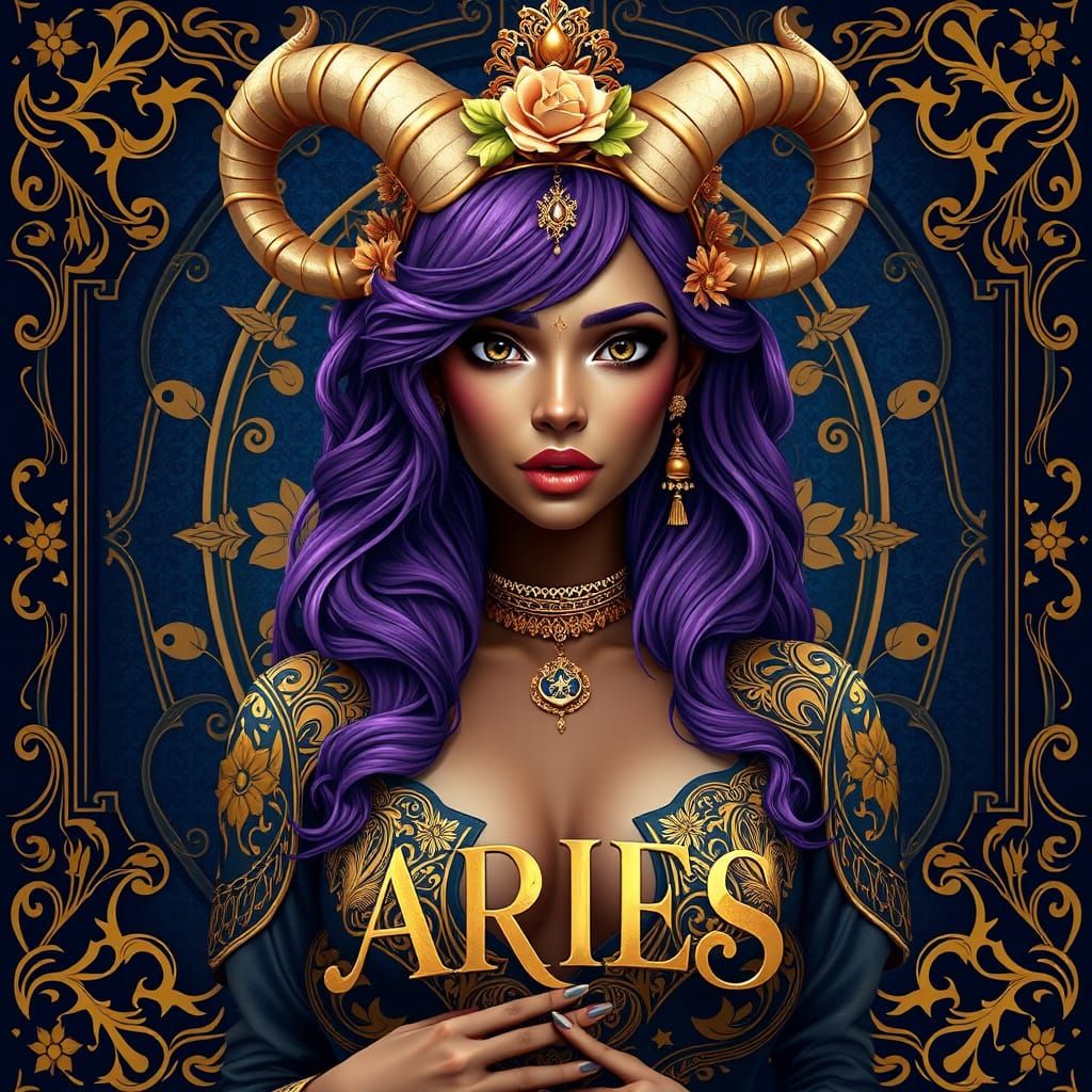 Regal Aries Woman in Ethereal Purple Hair and Gold Headdress