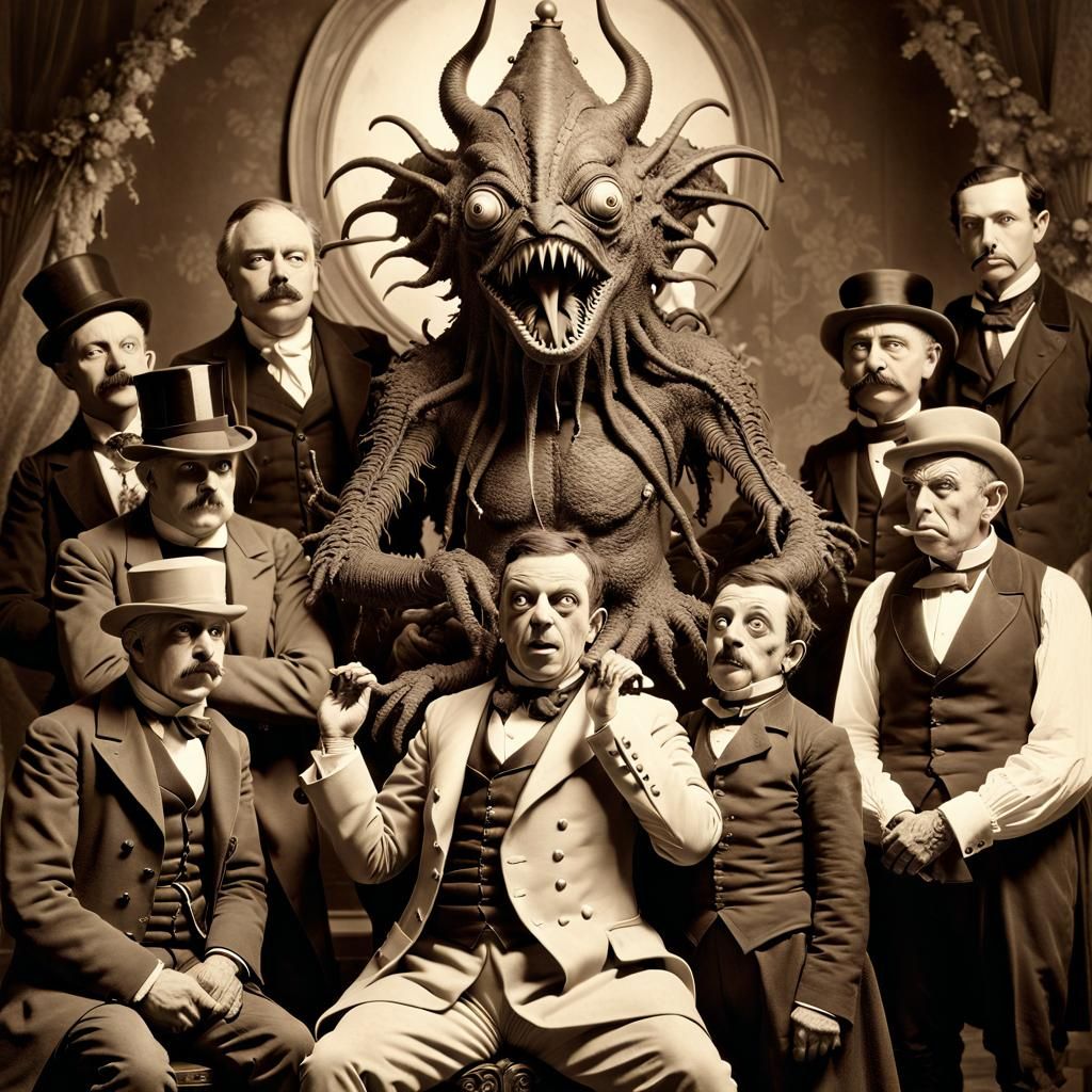 Lovecraftian Monster Poses with Victorian Gentlemen
