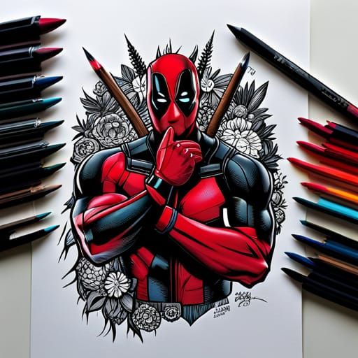 Intricate Deadpool Line Art in Black Ink