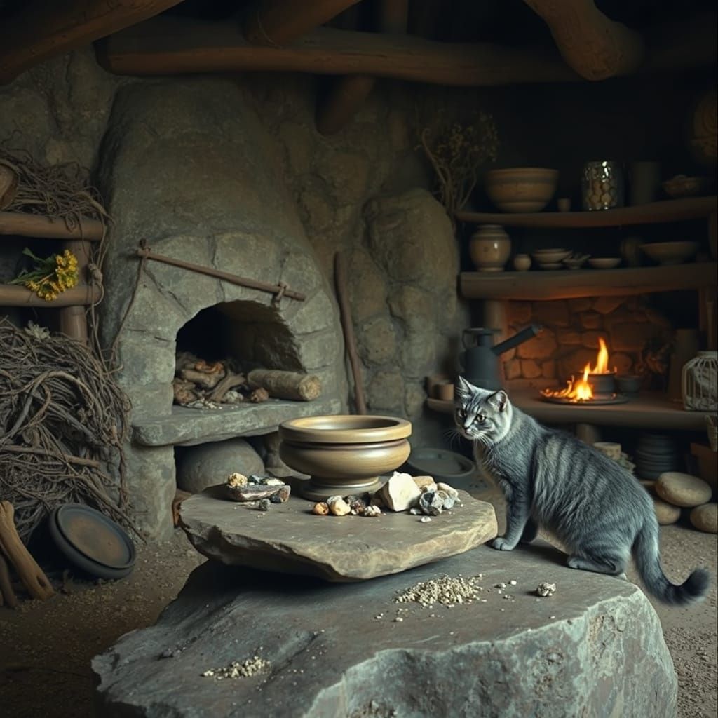 Neolithic Hut Interior with Alchemical Mortar in Hyperrealis...