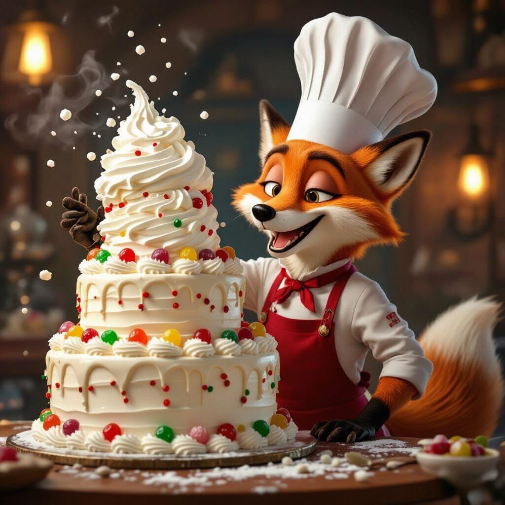 Fox Chef Flings Whipped Cream in Digital Painting