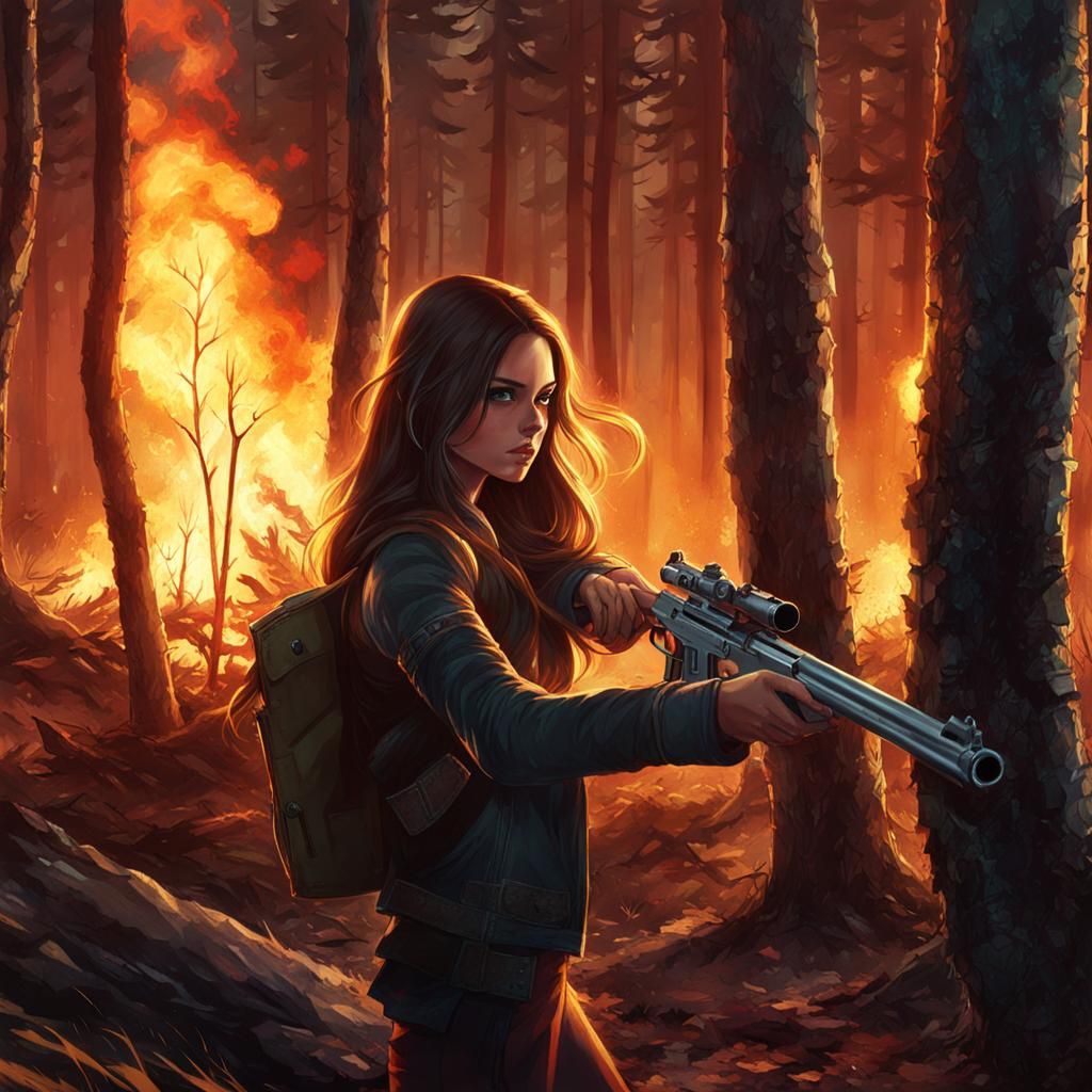 Girl with Gun in Burning Forest: Realistic Portrait