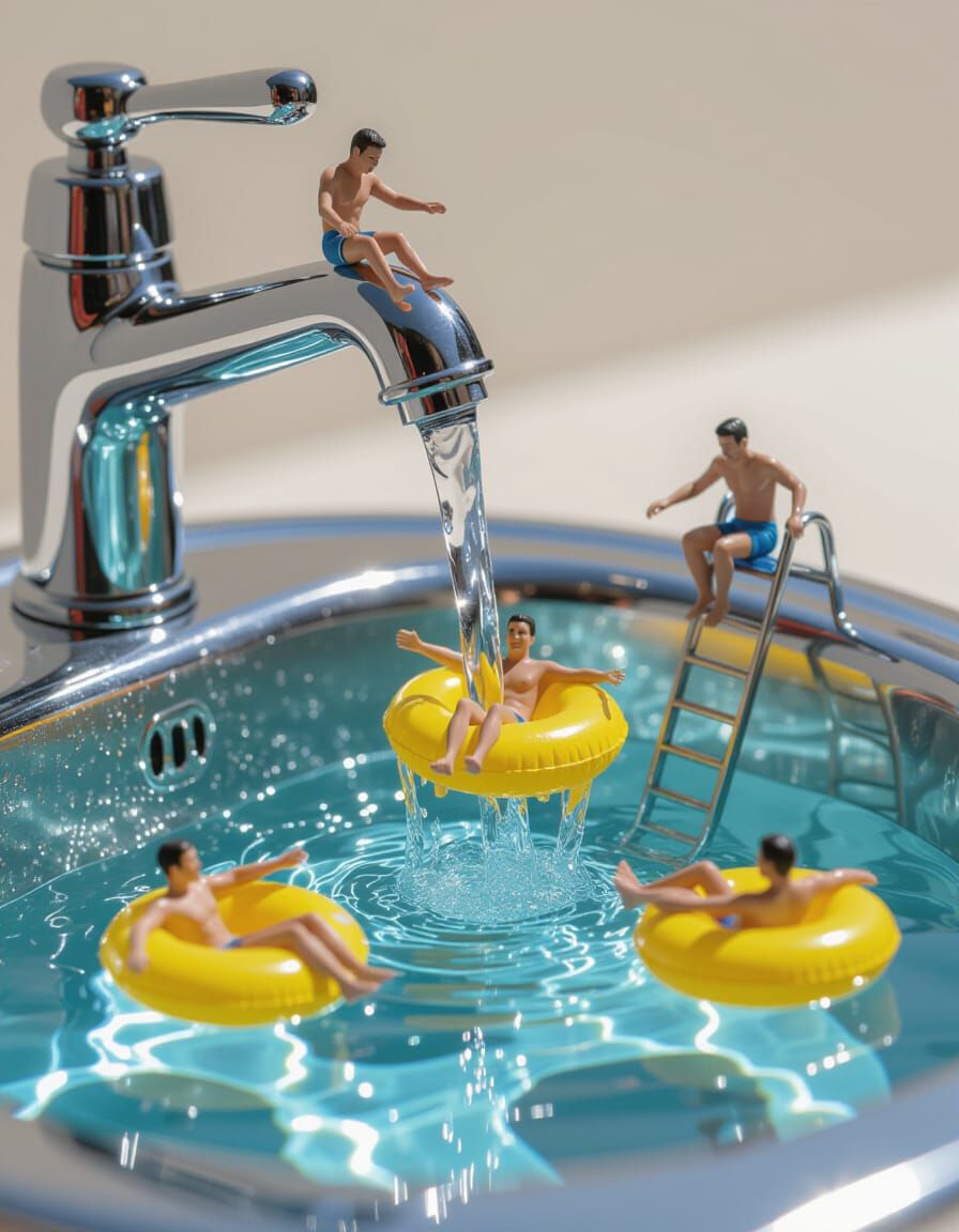 Tiny Figures Playful Water Fun at Chrome Faucet