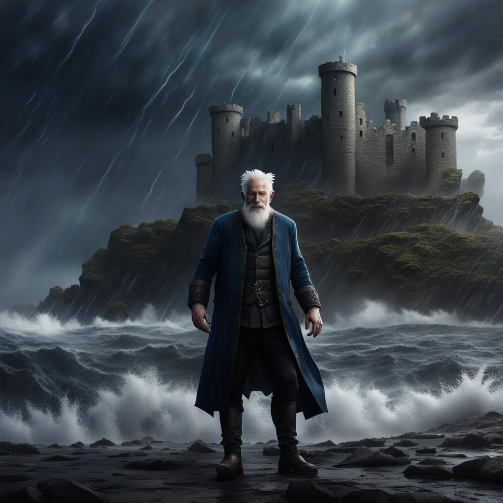Man Smiles Amidst Storm Near Castle Ruins