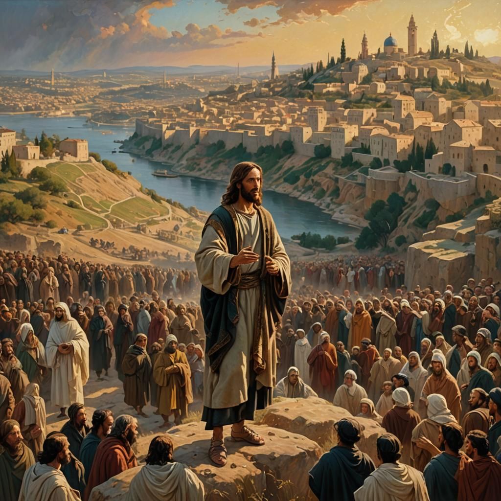 Jesus Addresses Crowd in Jerusalem: Oil Painting
