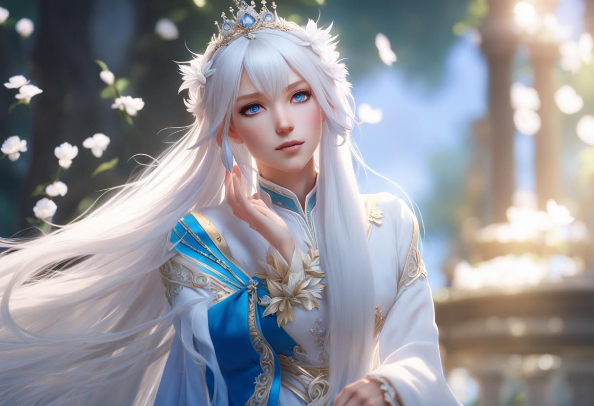 Anime Princess with Flowing White Hair in 3D