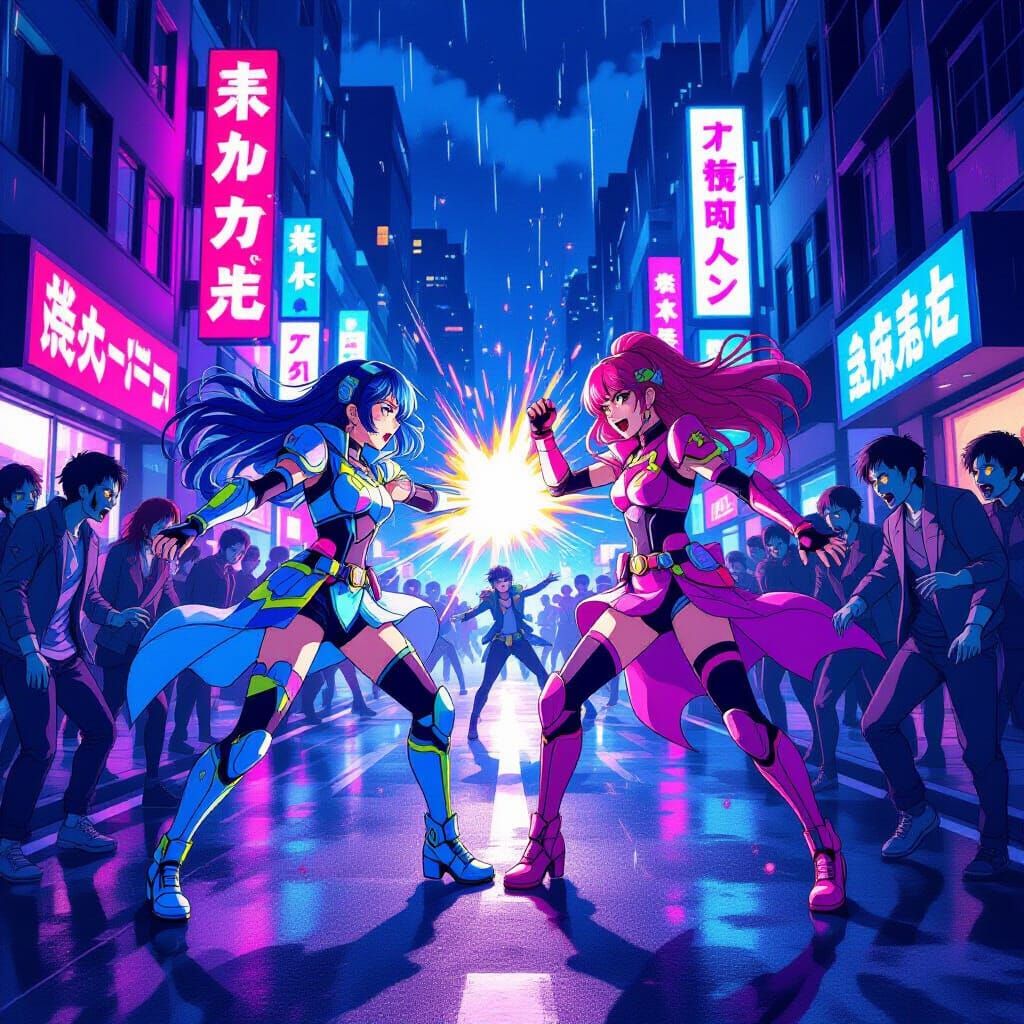 K-Pop Idols Battle Zombies in Energetic Anime Style