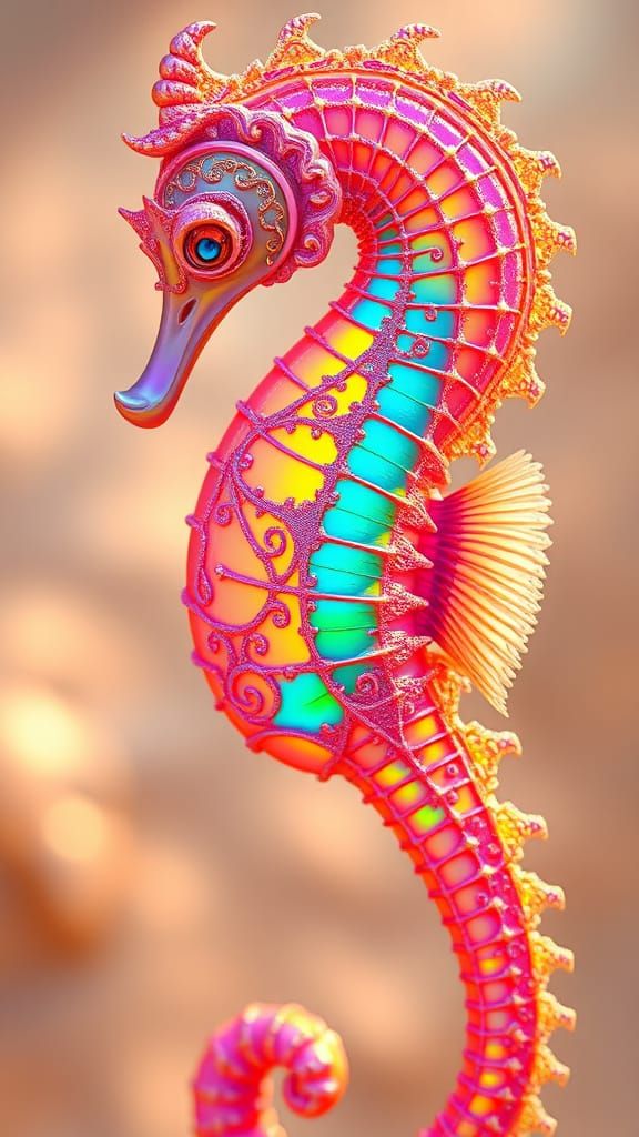 Surreal Macro Seahorse in Vibrant Retro-Psychedelic Hues