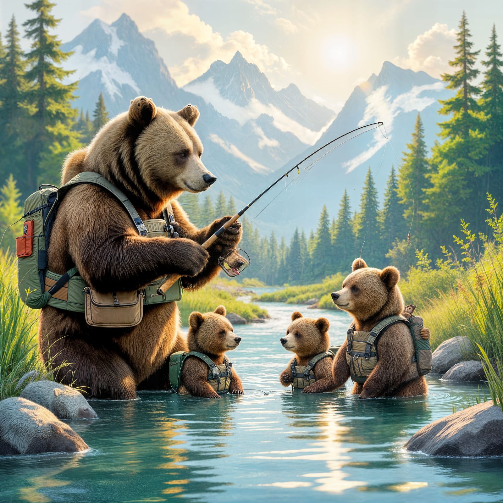 Grizzly Bears Teach Cubs Fly Fishing in Secret