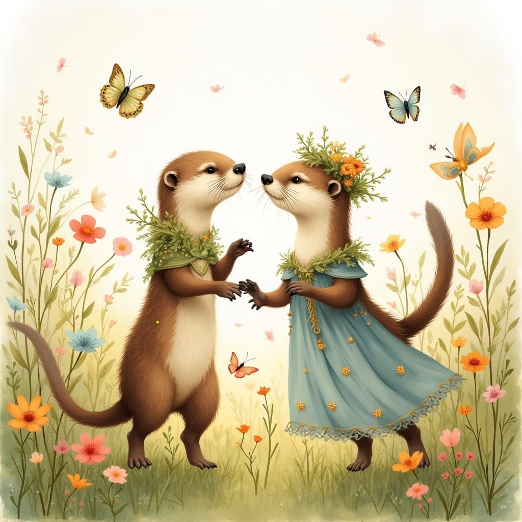 Whimsical Otters Frolic in Wildflower Meadow