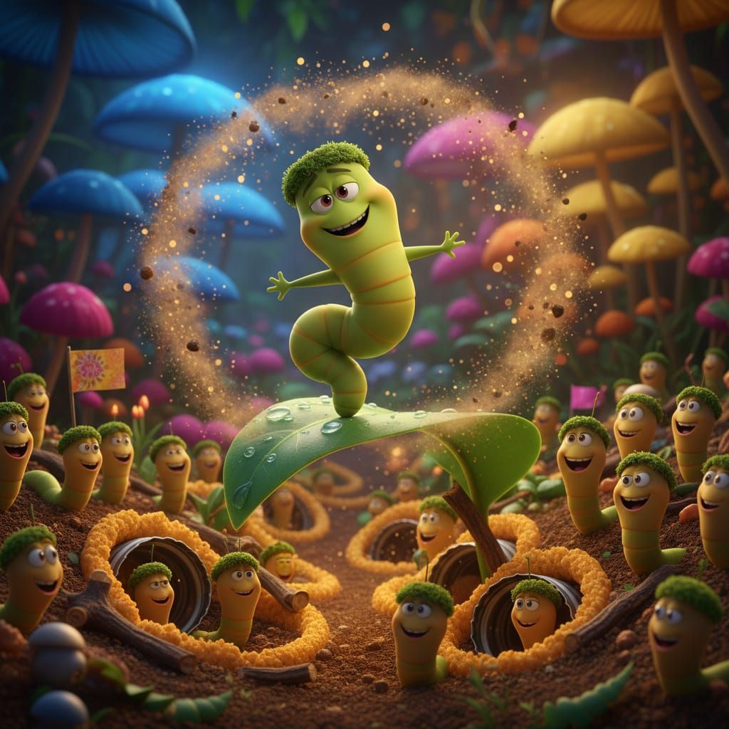 Adorable Breakdancing Worm Hero in Pixar Style