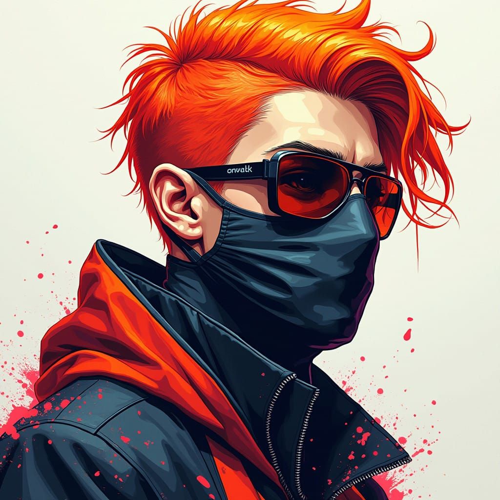 Cyberpunk Male Character in Vibrant Orange and High Contrast...