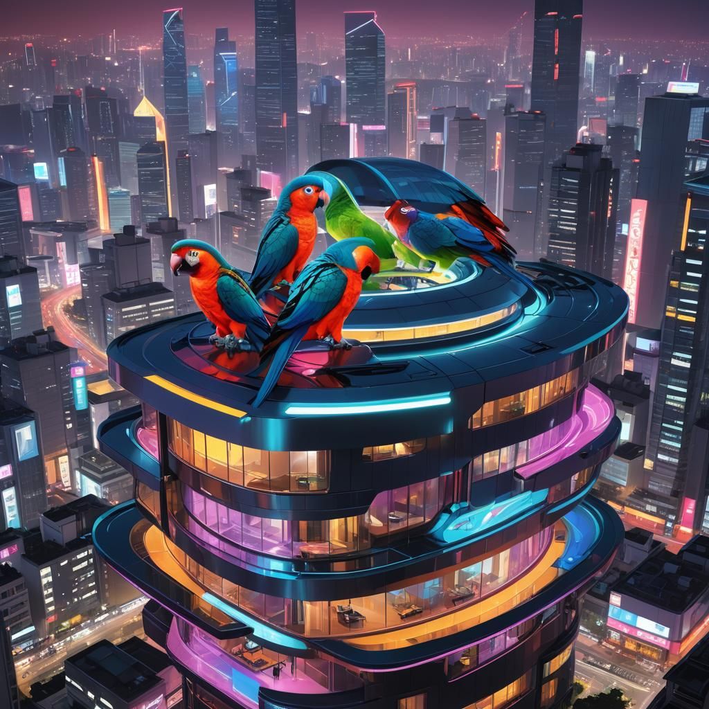 Parrots in Neon-Lit Futuristic Seoul: Concept Art