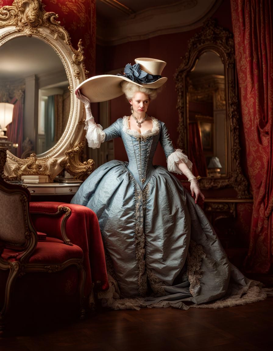 Marie Antoinette trying on a hat in front of a mirror, intricate details, HDR, beautifully shot, hyperrealistic, sharp f...