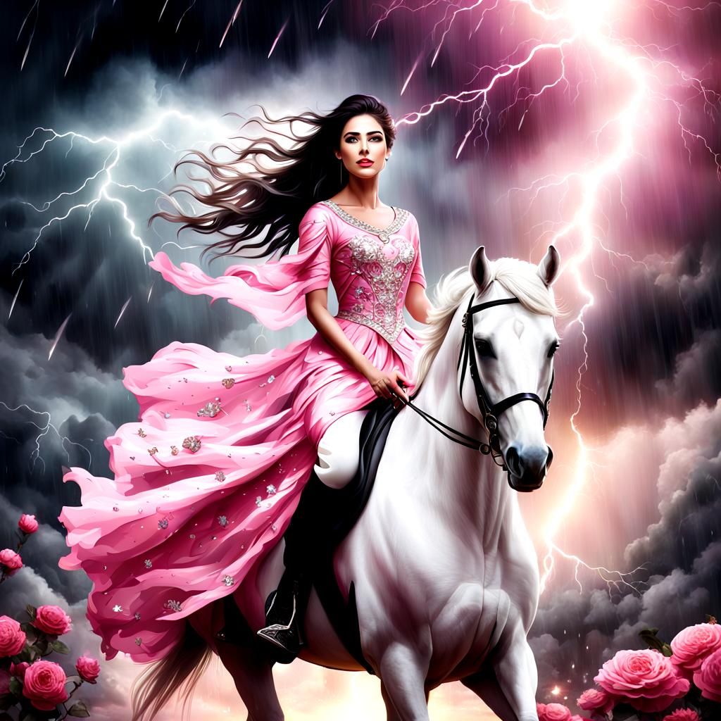 Girl on White Horse in Rain and Lightning