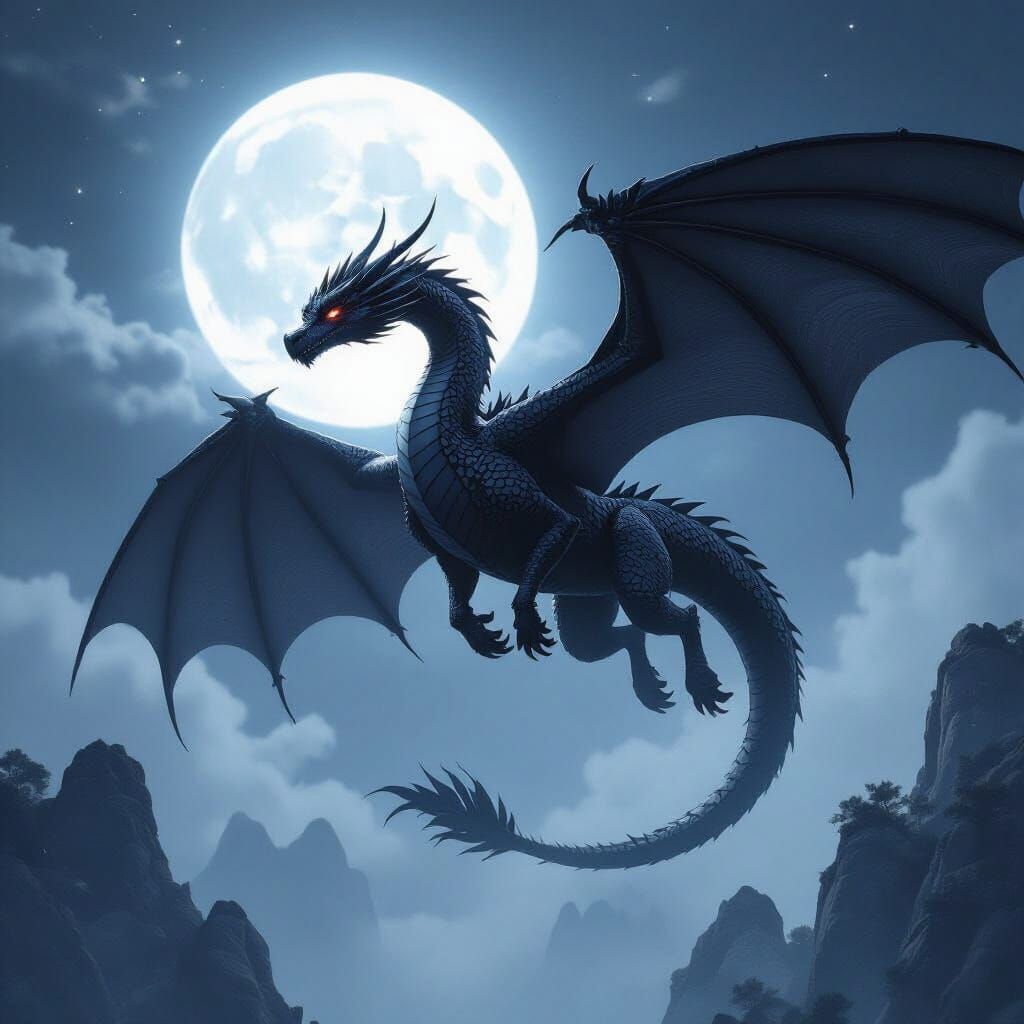 Black Dragon Soaring Through Misty Night Sky