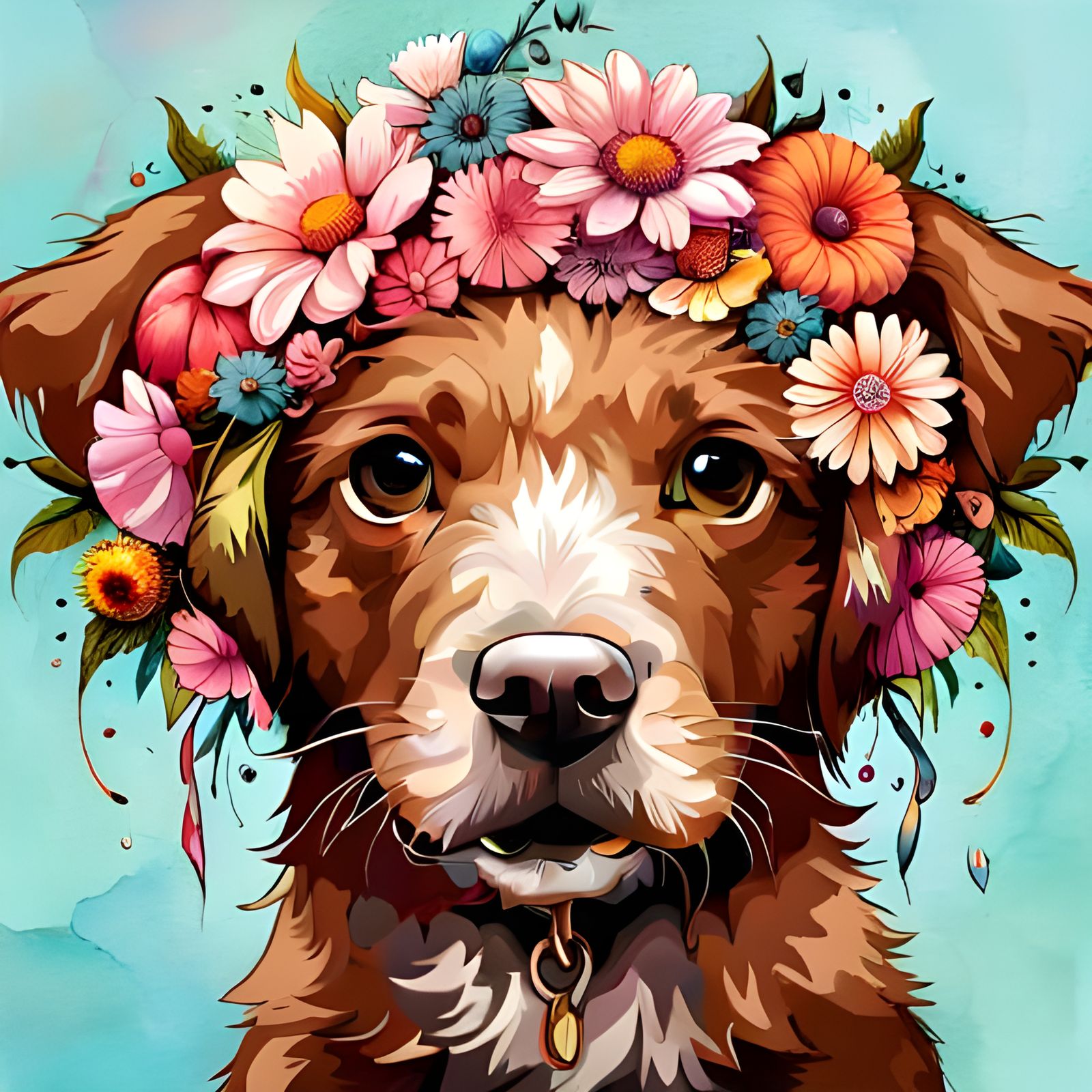 Adorable Puppy Portrait with Flowers