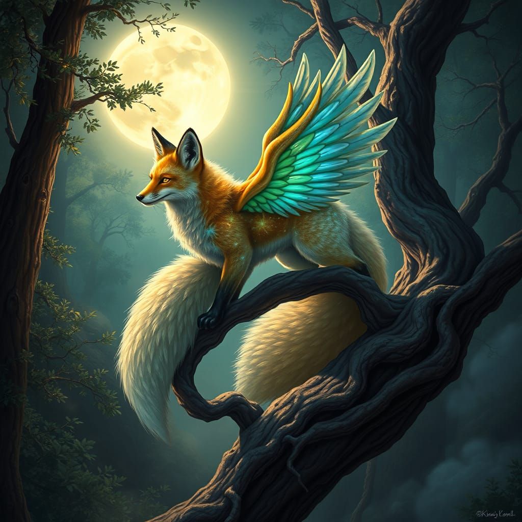 Bioluminescent Winged Fox in Mystical Forest