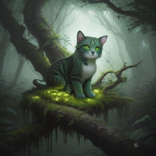 Whimsical Green Cat in Enchanted Forest Digital Art