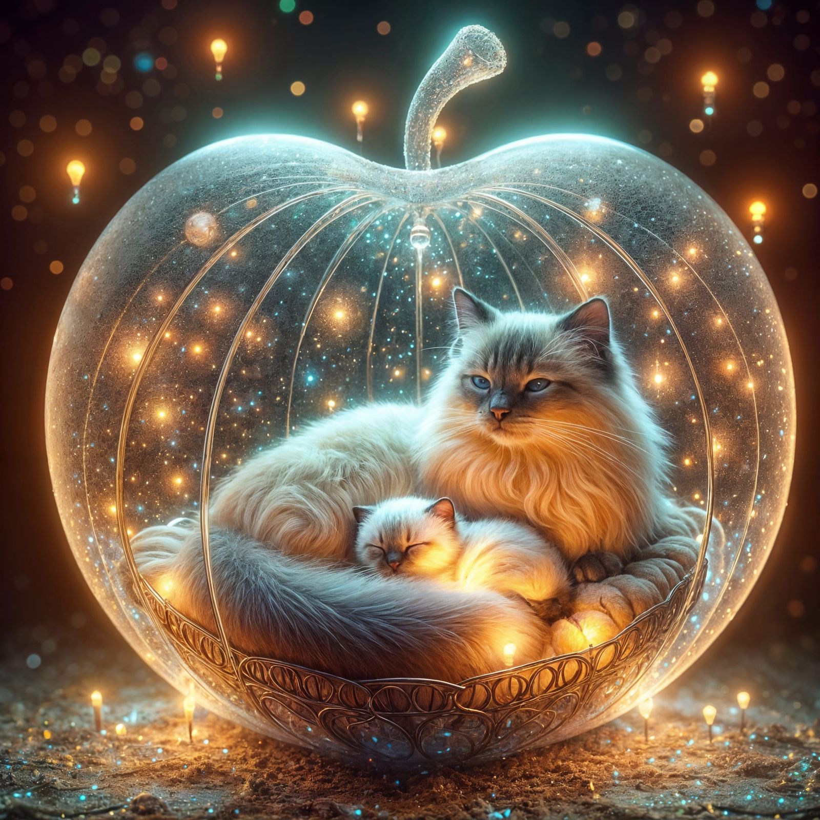 Surreal Glass Fruit Encloses a Fluffy Siamese Cat and Kitten...